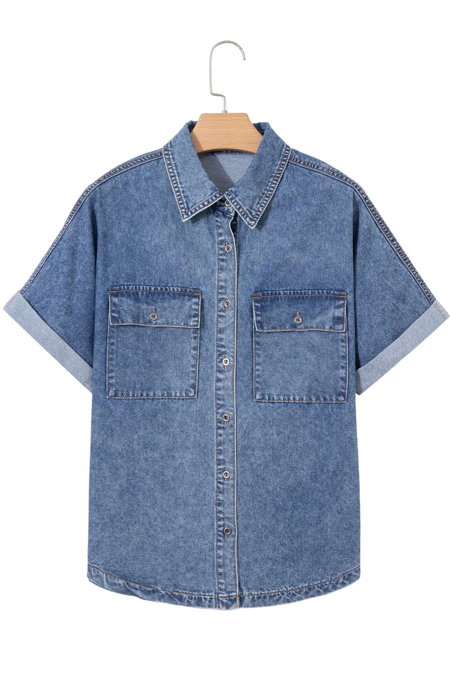 Ashleigh Blue Button Flap Pocket Cuffed Short Sleeve Denim Shirt