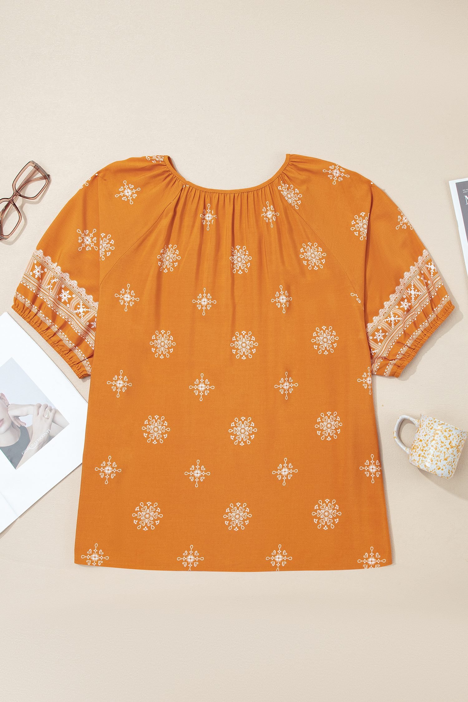 Yellow Boho Chic Notched V Neck Plus Floral Short Sleeve Top