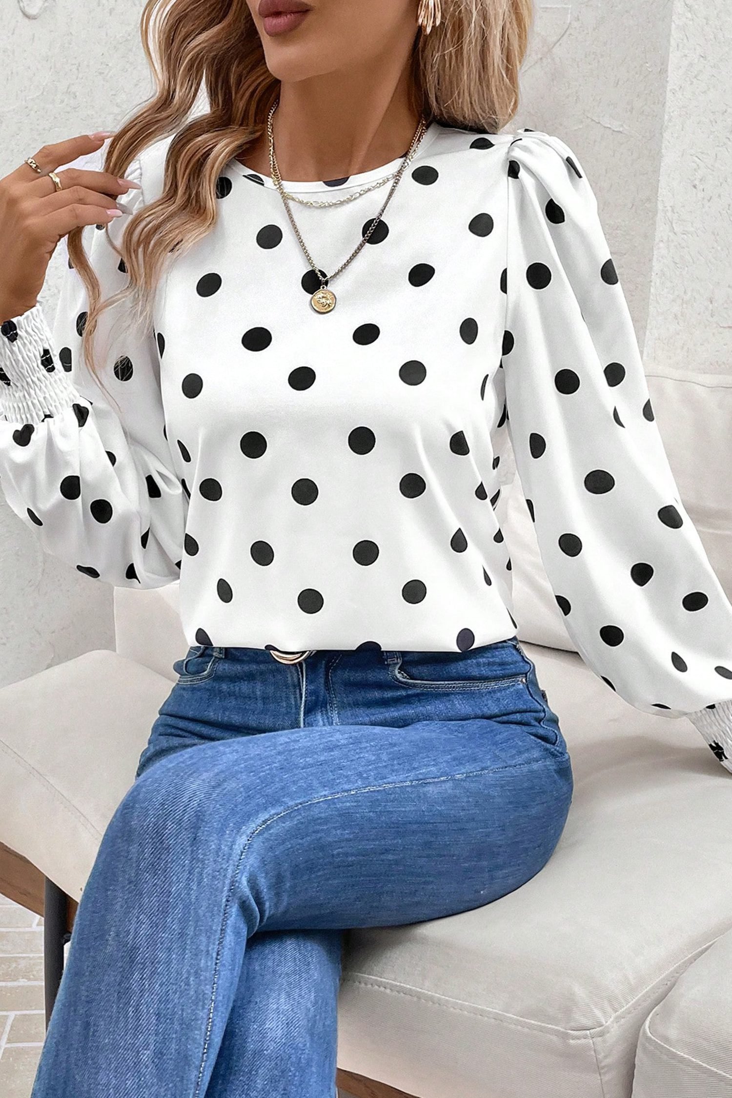 White Polka Dot Print Round Neck Frilled Long Sleeve Blouse - Image 5