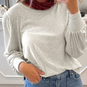 Oatmeal Shirred Cuffs Puff Sleeve Peasant Top