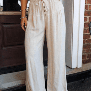 Jet Stream Drawstring Elastic Waist Button Pleated Detail Wide Leg Pants