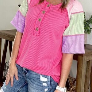 Bright Pink Twisted Ribbed Color Block Patchwork Henley Short Sleeve T Shirt