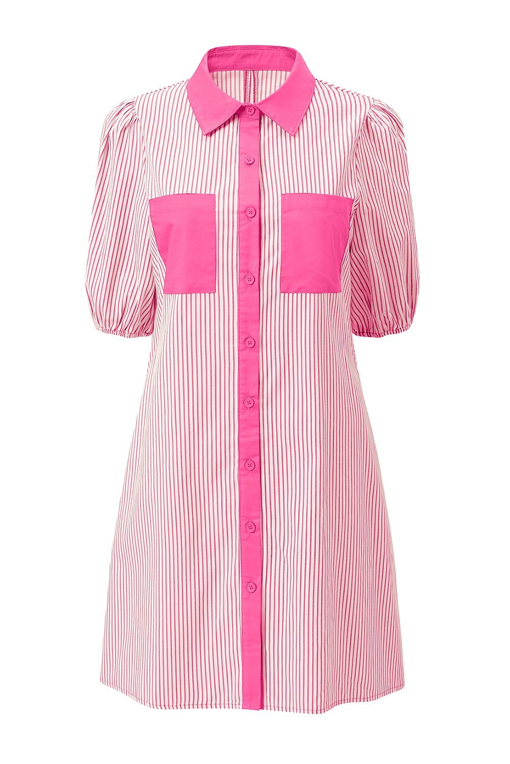 Rose Stripe Color Block Patchwork Shirt Collar Button Down Puff Sleeve Mini Dress