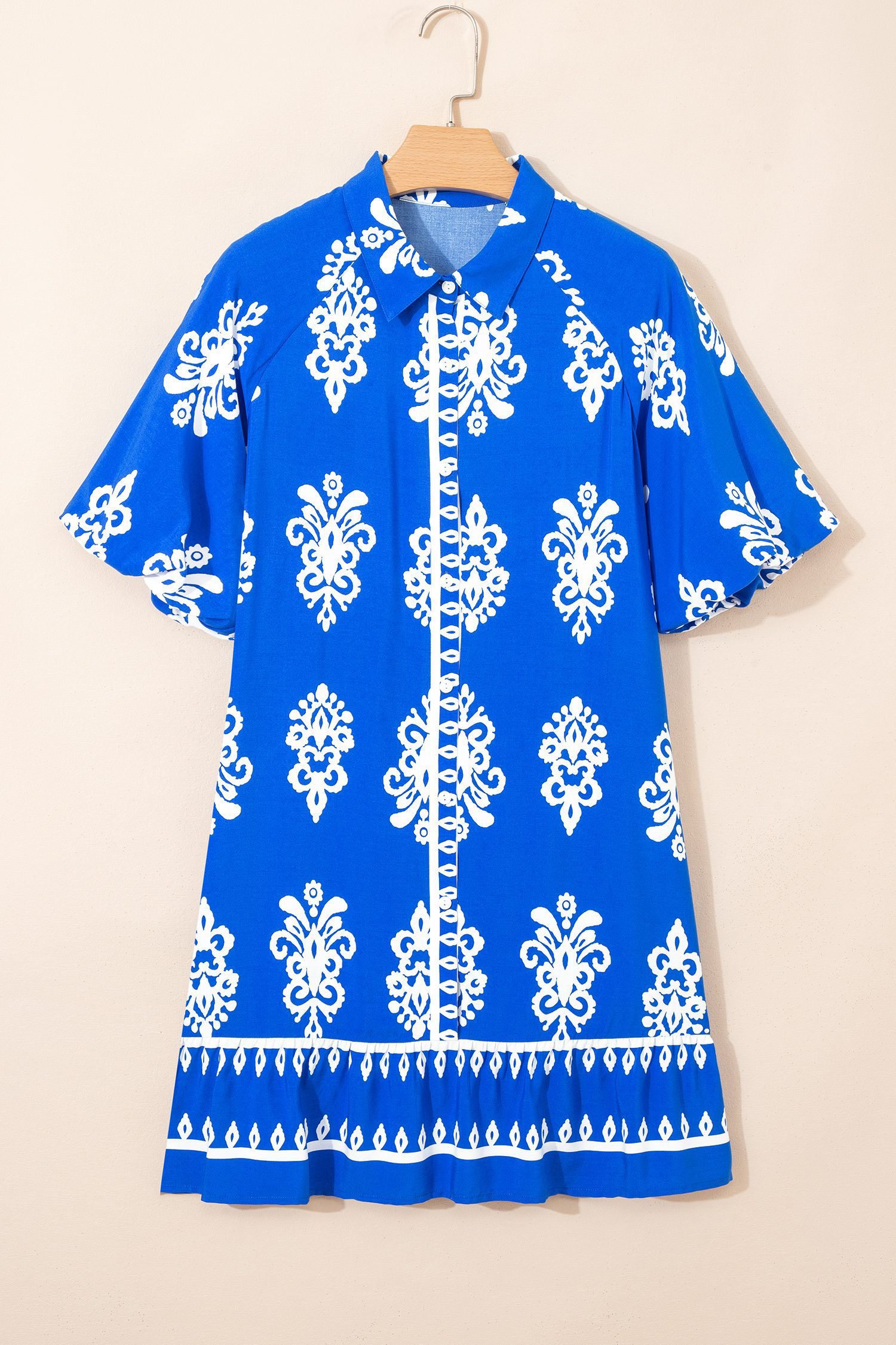 Blue Ethnic Geometric Print Collared Button Front Short Puff Sleeve Mini Dress