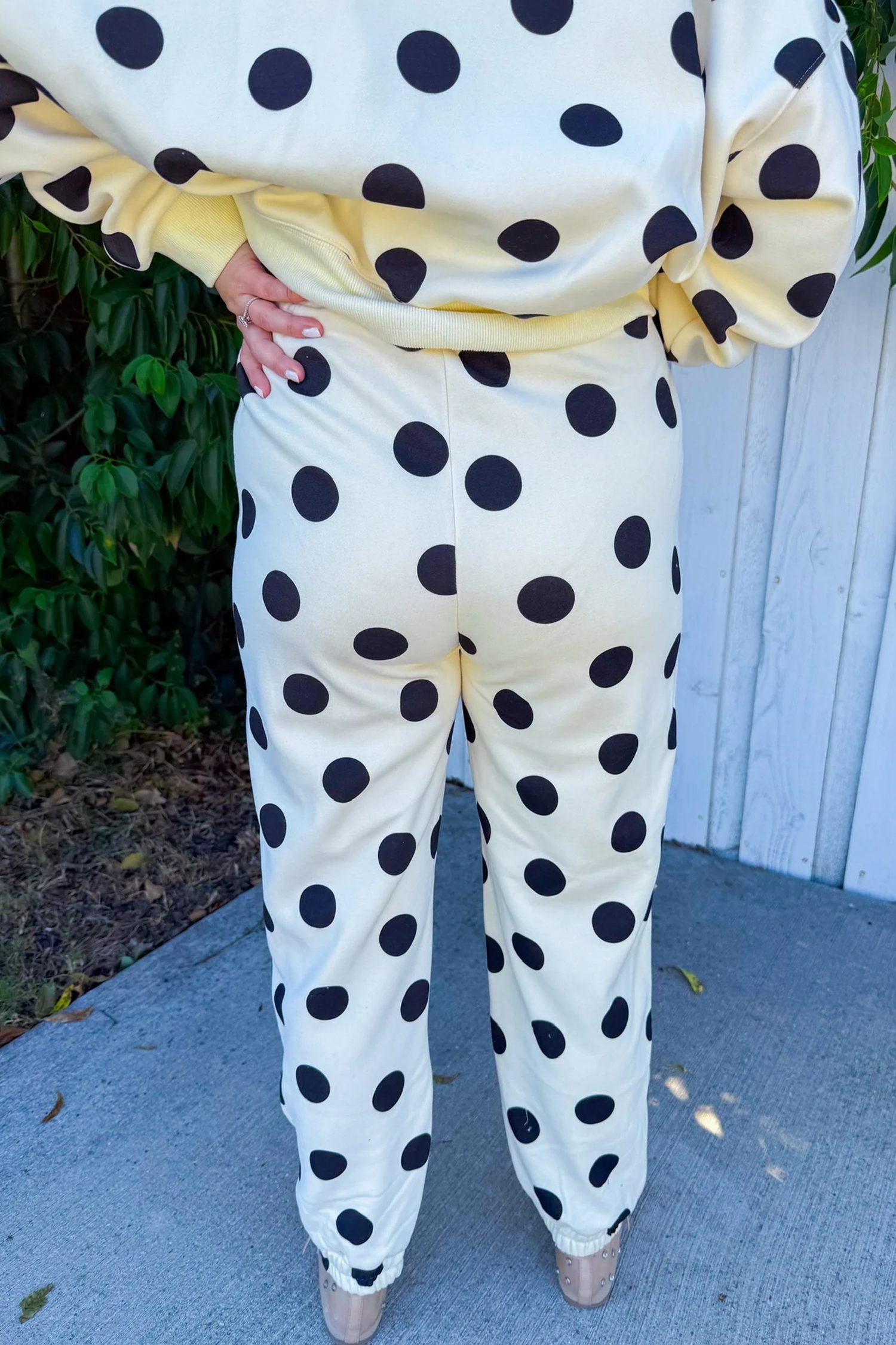 Beige Polka Dot Print Drop Shoulder Pullover Drawstring Jogger Pant Set - Image 2