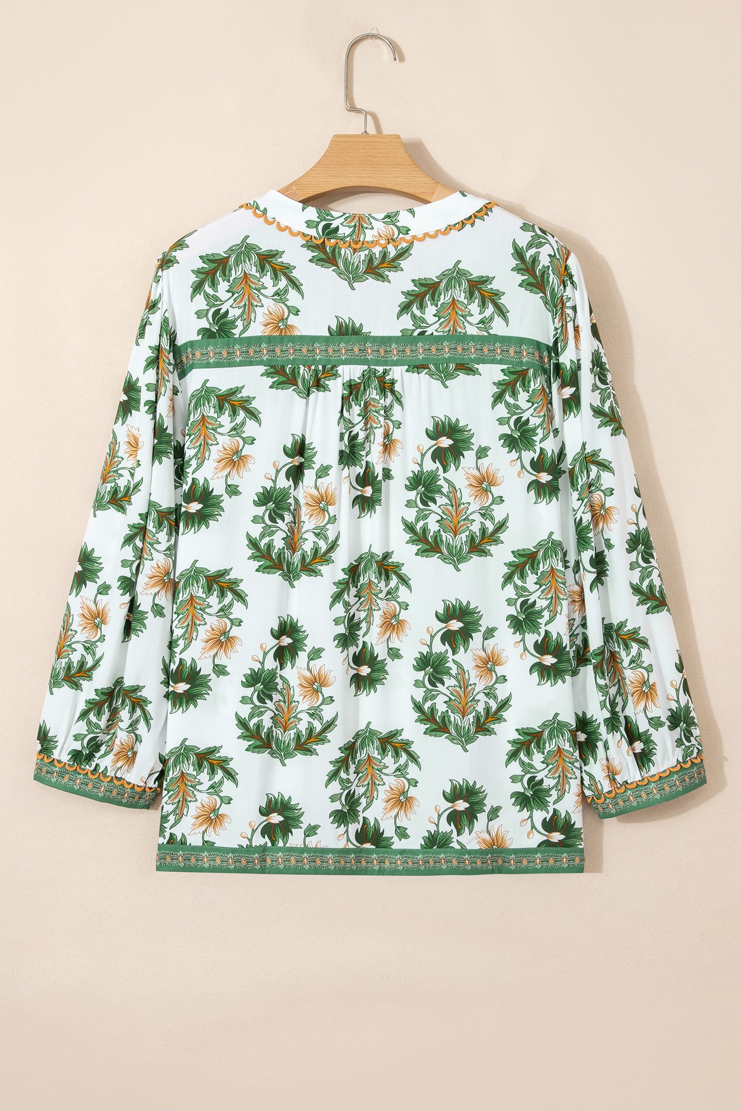 Green Plus Size Floral Printed Contrast Patchwork Detail Tassel Tie 3/4 Sleeve Blouse