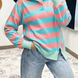 Pink Stripe Colorblock Drop Shoulder Buttoned Collar Side Slit Pullover Top