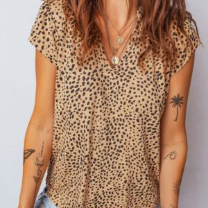 Apricot Cheeath Print Frilled V Neck Shirred Detail Short Sleeve Blouse