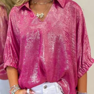 Strawberry Pink Collared V Neck Half Sleeve Metallic Top