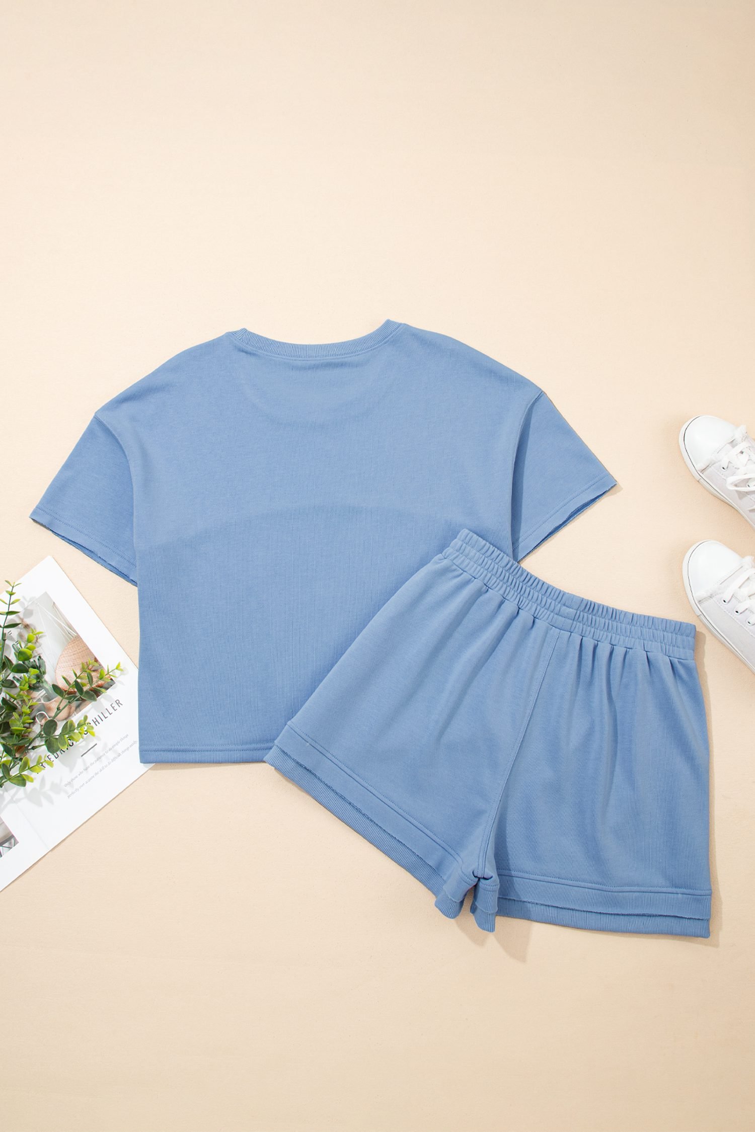 Sky Blue Solid Color Contrast Textured Patchwork Raw Edge 2pcs Short Set - Image 3