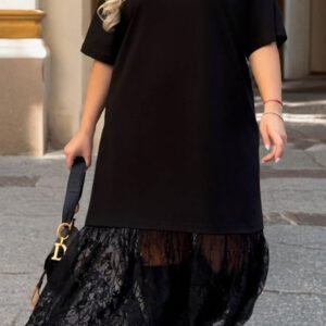 Black Plus Size Lace Hem Patchwork T Shirt Midi Dress