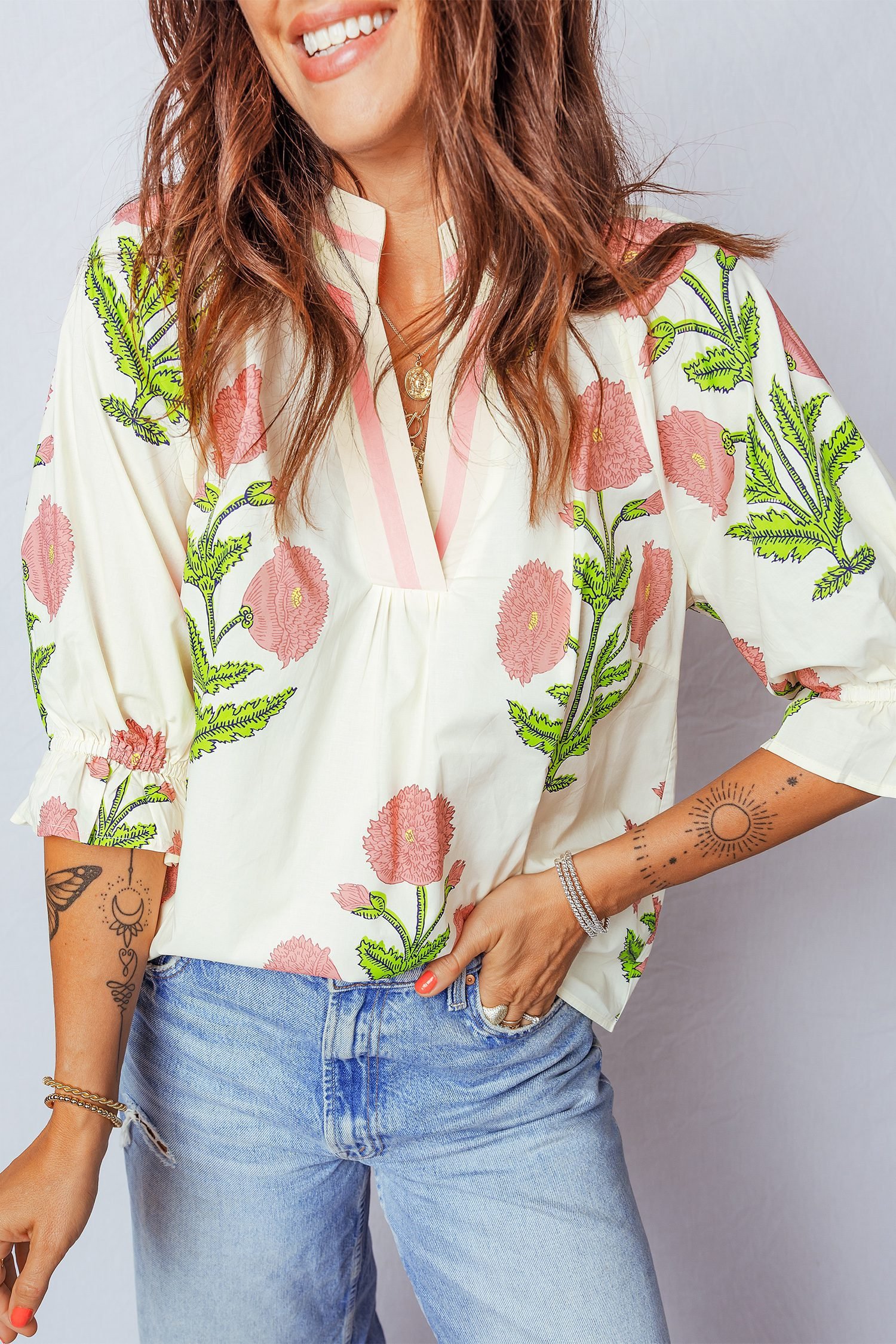 Casual Wild Flower Print V Neck 3/4 Sleeve Blouse