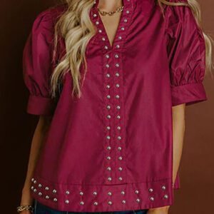 Burgundy Rivet Embellished V Neck Short Puff Sleeve Blouse