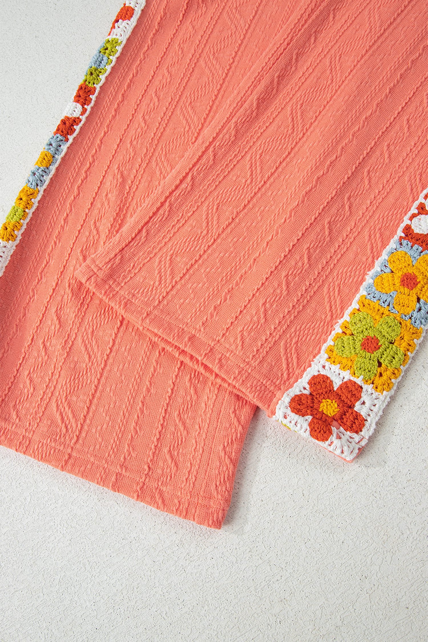 Grapefruit Orange Crochet Floral Accent V Neck Textured Pants Set