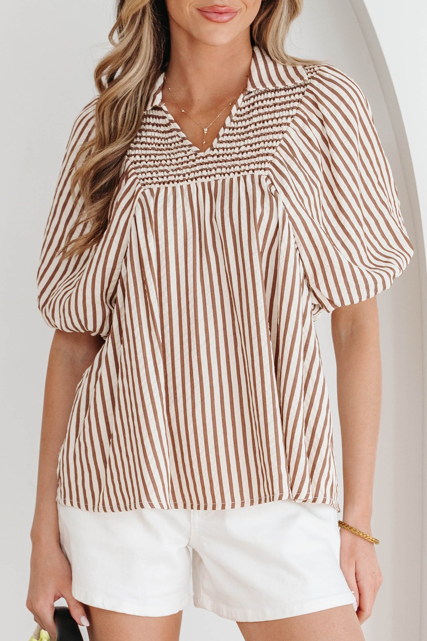 Brown Stripe Shirred V Neck Short Puff Sleeve Blouse - Image 7