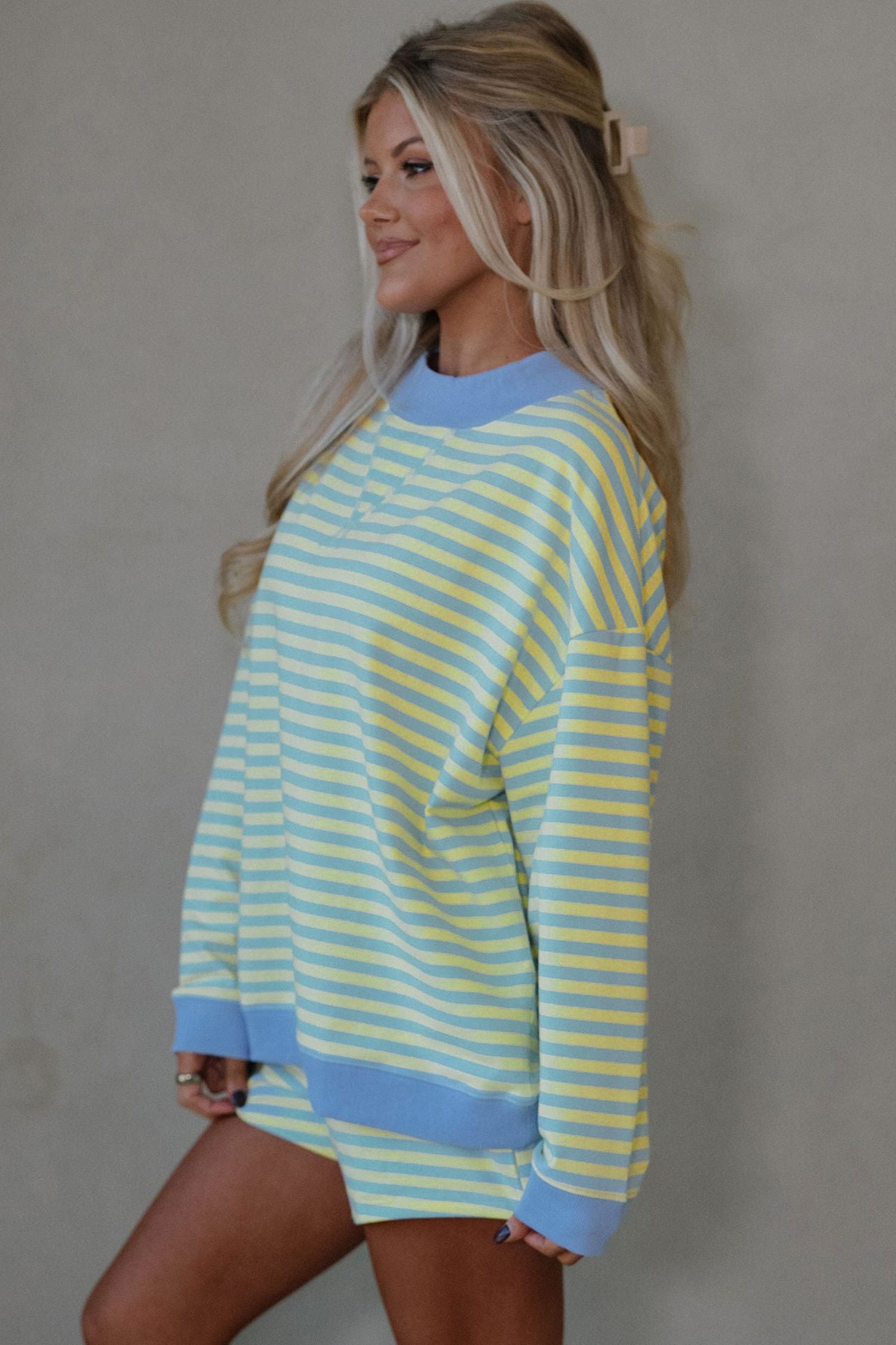 Yellow Stripe Color Block Detail Long Sleeve Pullover Elastic Waist Pull On Shorts 2pcs Set - Image 3
