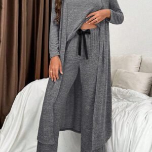 Dark Grey 3pcs V Neck T Shirt Ribbon Knot Pants Open Duster 3pcs Lounge Set