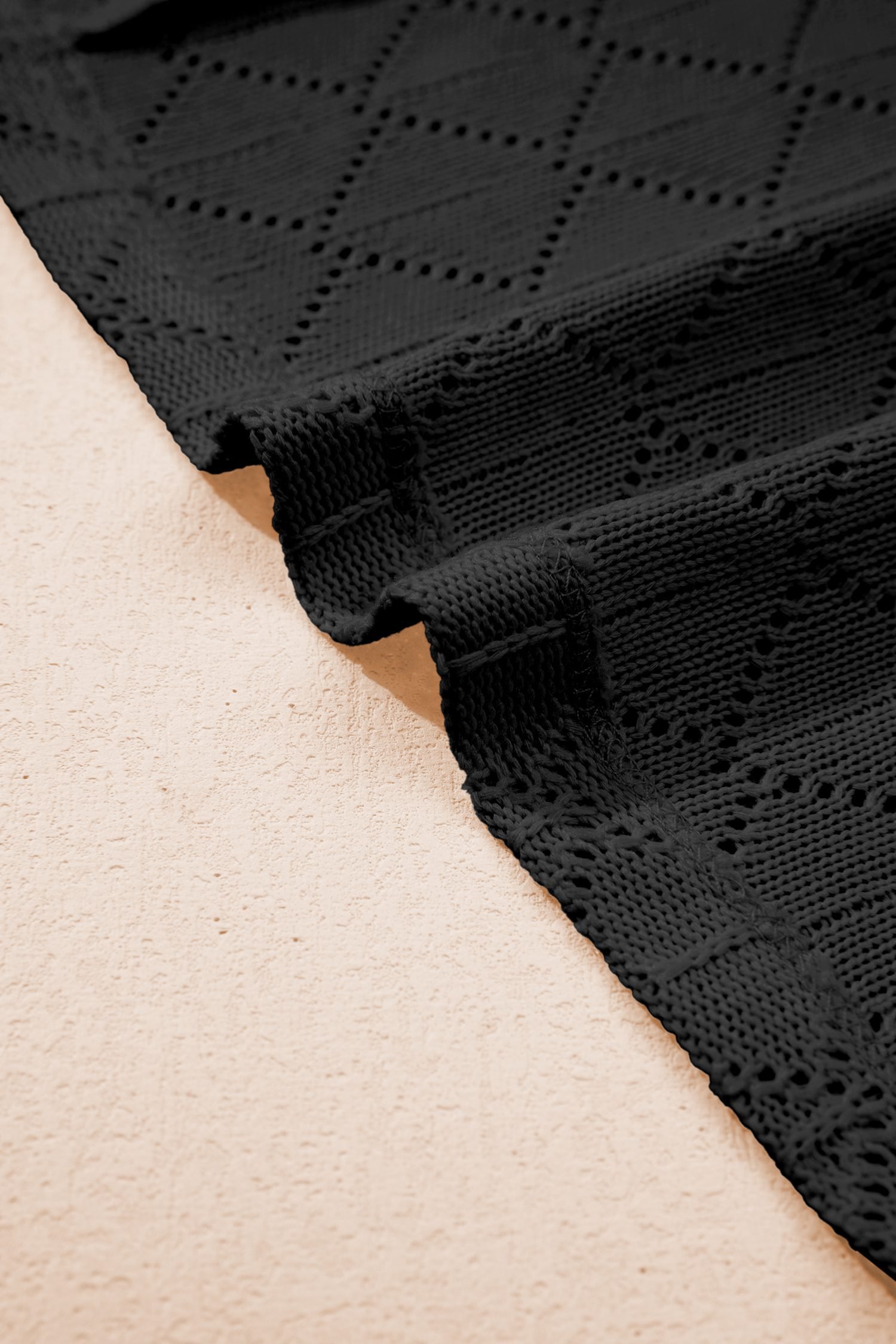 Black Pointelle Rhombus Knit Plus Size V Neck Loose Top