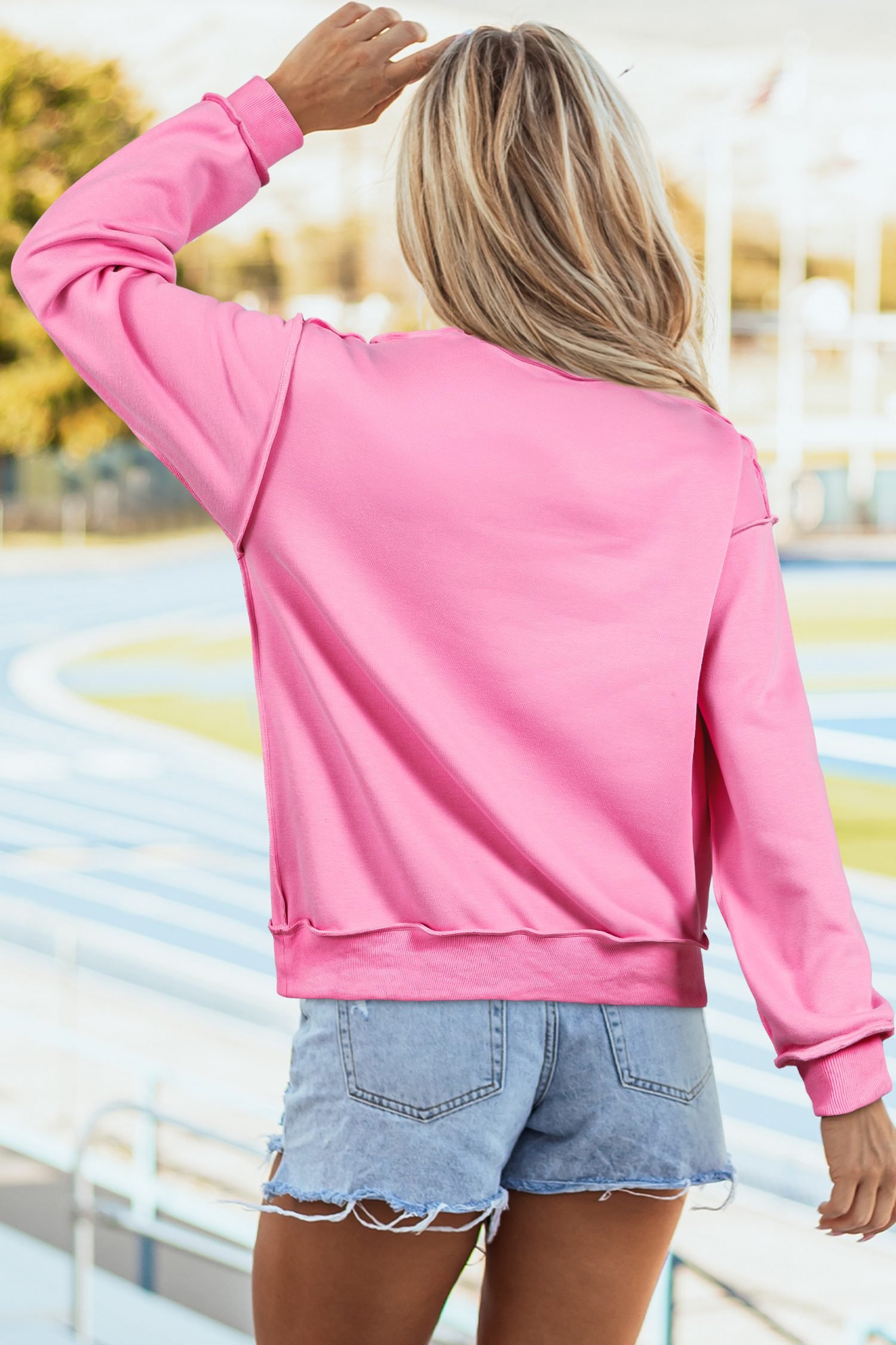 Bright Pink Oversize Drop Shoulder Reversible Mock Neck Sweatshirt - Image 5