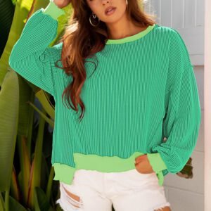 Bright Green Twisted Rib Uneven Hem Drop Shoulder Loose Knit Top