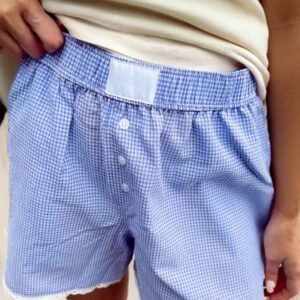 Sky Blue Gingham Plaid Button Detail Lace Trim Boxer Shorts