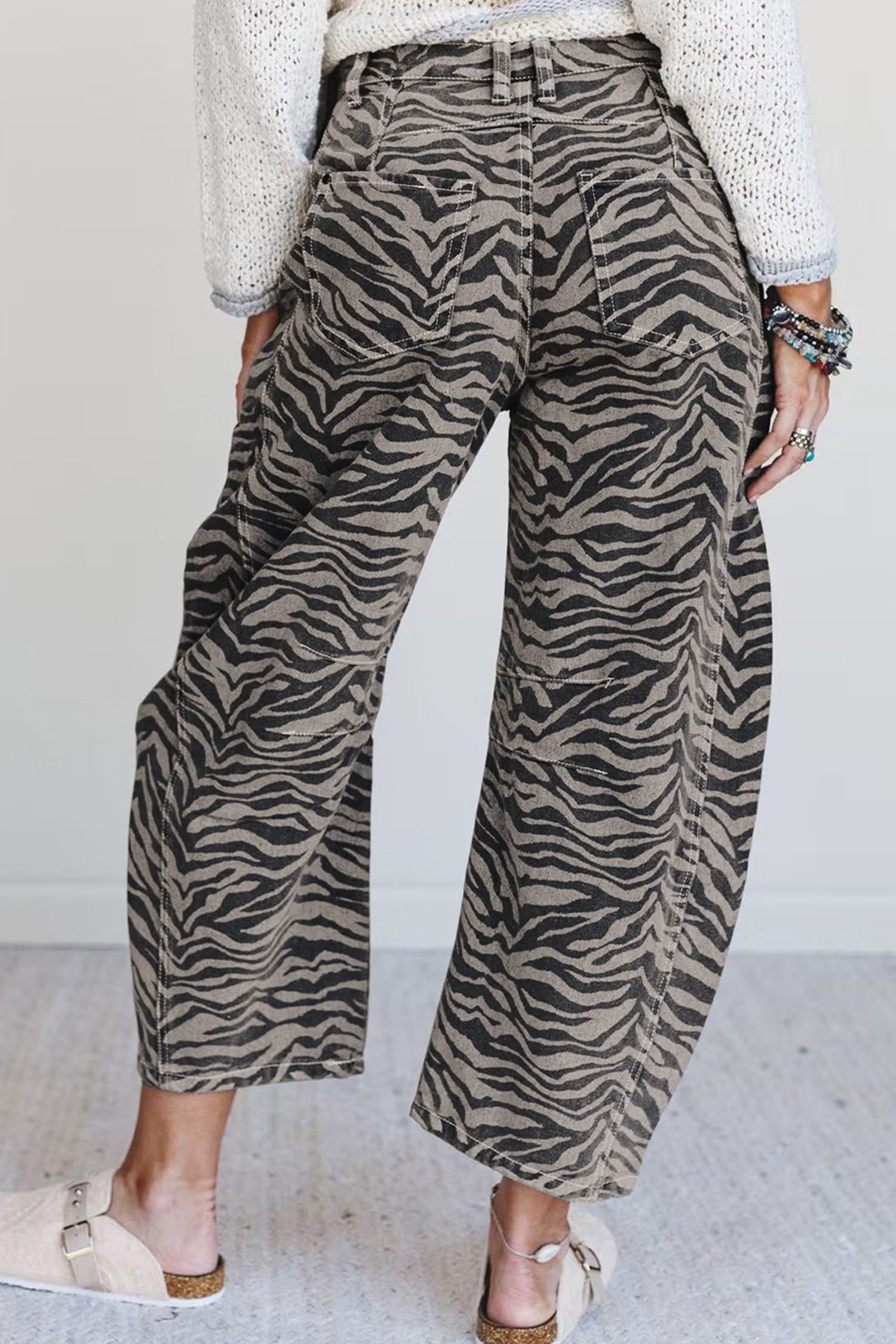 Gray Zebra Stripe Printed Wide Leg Jeans