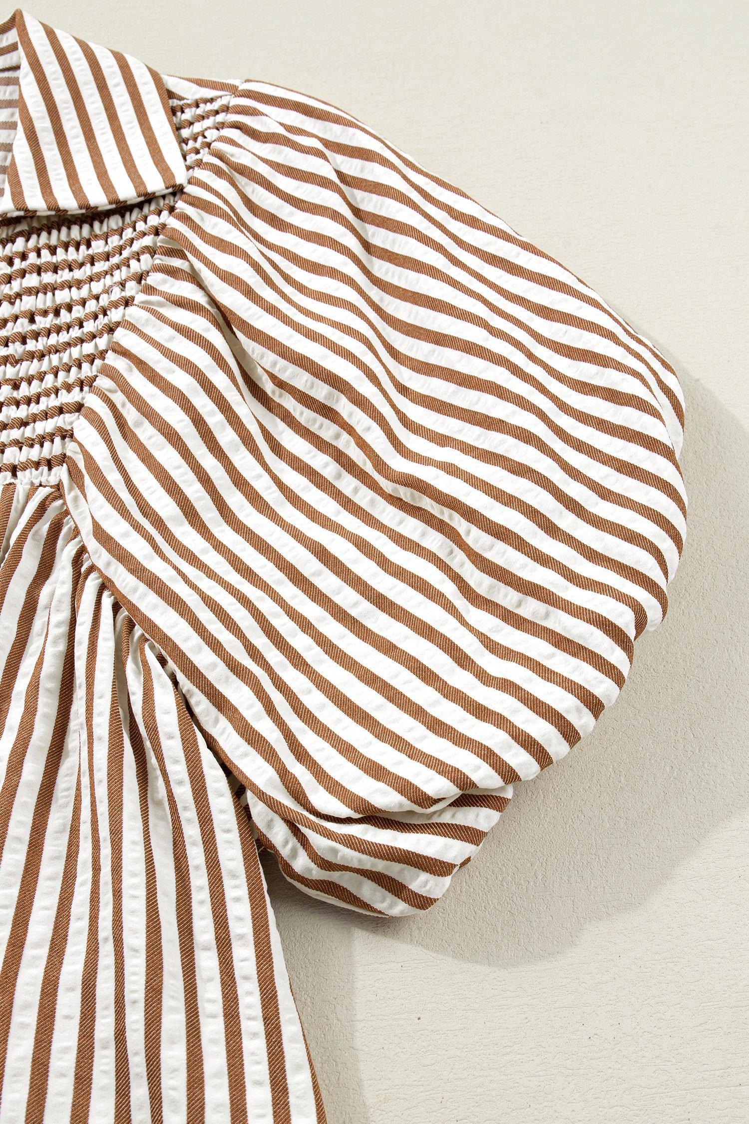 Brown Stripe Shirred V Neck Short Puff Sleeve Blouse - Image 18