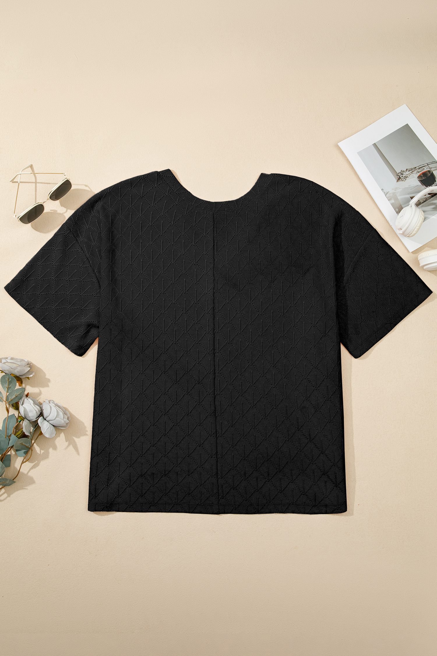 Black Pointelle Rhombus Knit Plus Size V Neck Loose Top