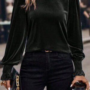 Black Frilled Collared Smocked Cuffs Puff Sleeve Velvet Blouse