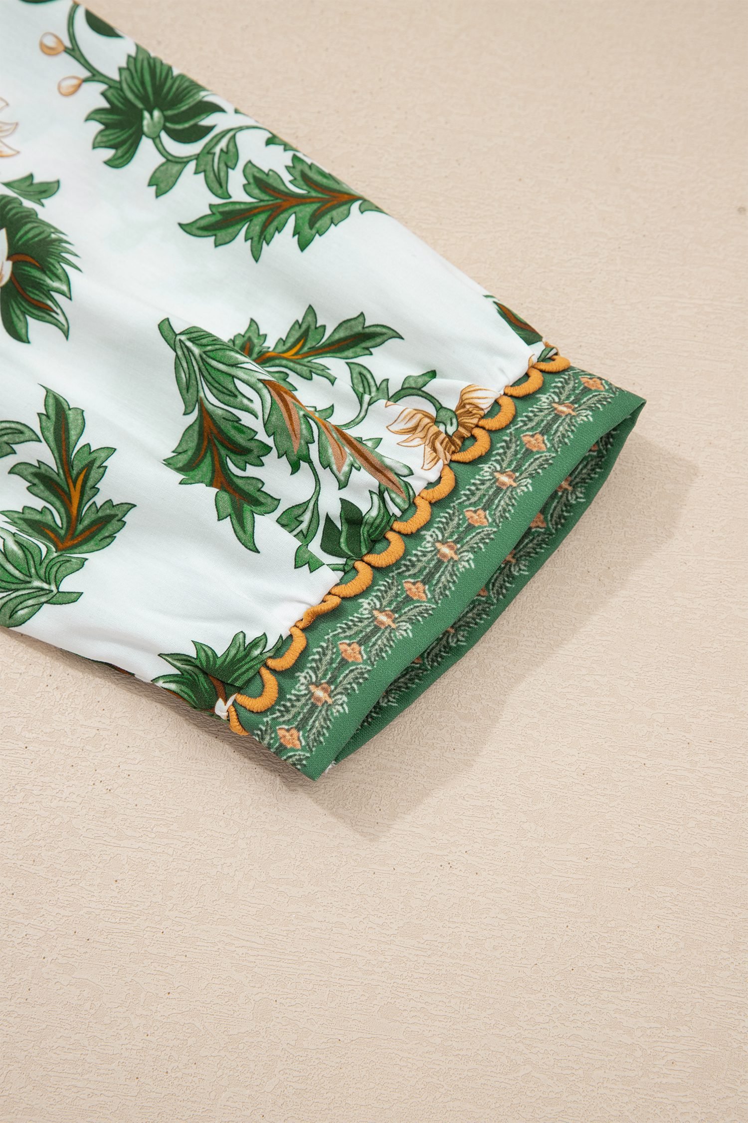 Green Plus Size Floral Printed Contrast Patchwork Detail Tassel Tie 3/4 Sleeve Blouse