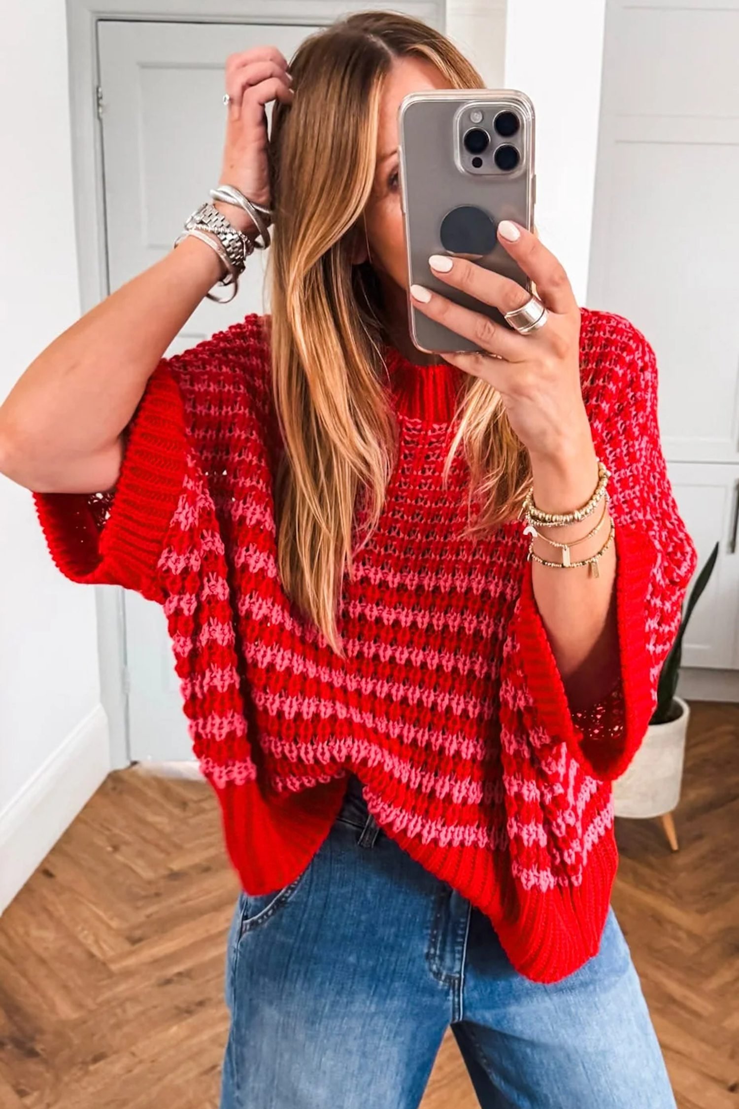 Red Stripe 3/4 Draped Sleeve Slouchy Sweater - Image 7