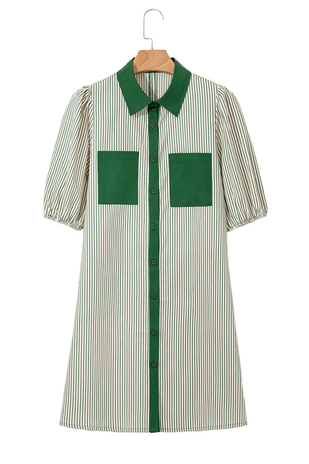 Green Stripe Color Block Patchwork Shirt Collar Button Down Puff Sleeve Mini Dress