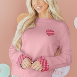 Light Pink Plaid Heart Embroidered Cuffed Drop Shoulder Crew Neck Sweater