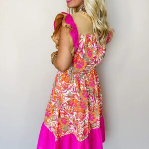 Rose Floral Print Color Block Ruffled Short Sleeve Flared Midi Dress