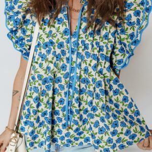 Sky Blue Tiered Flutter Sleeve Pleated Flower Blouse