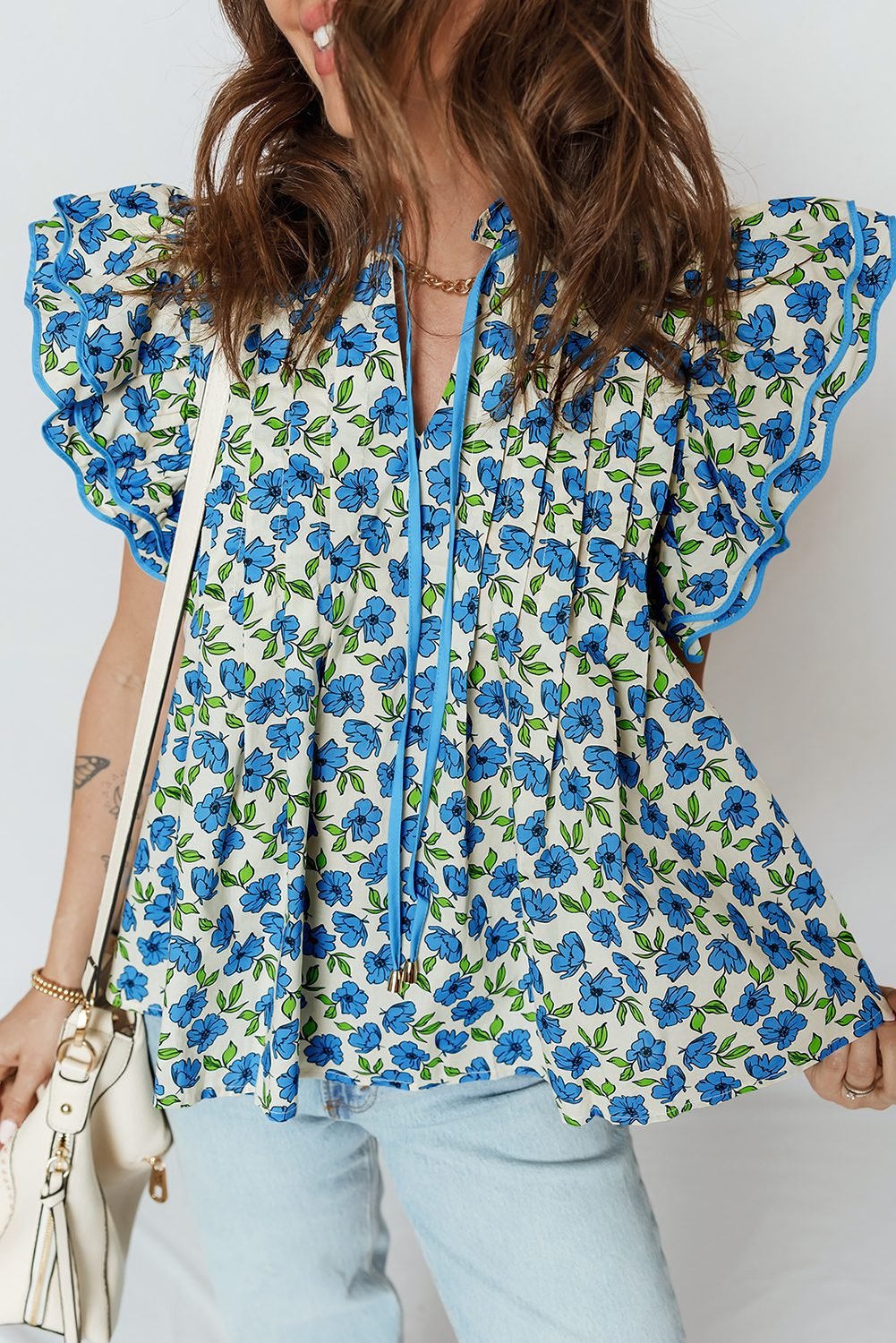 Sky Blue Tiered Flutter Sleeve Pleated Flower Blouse