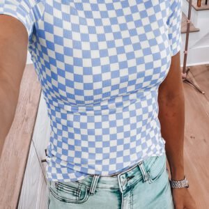 Sky Blue Checkered Ribbed Slim Fit Crew Neck T Shirt