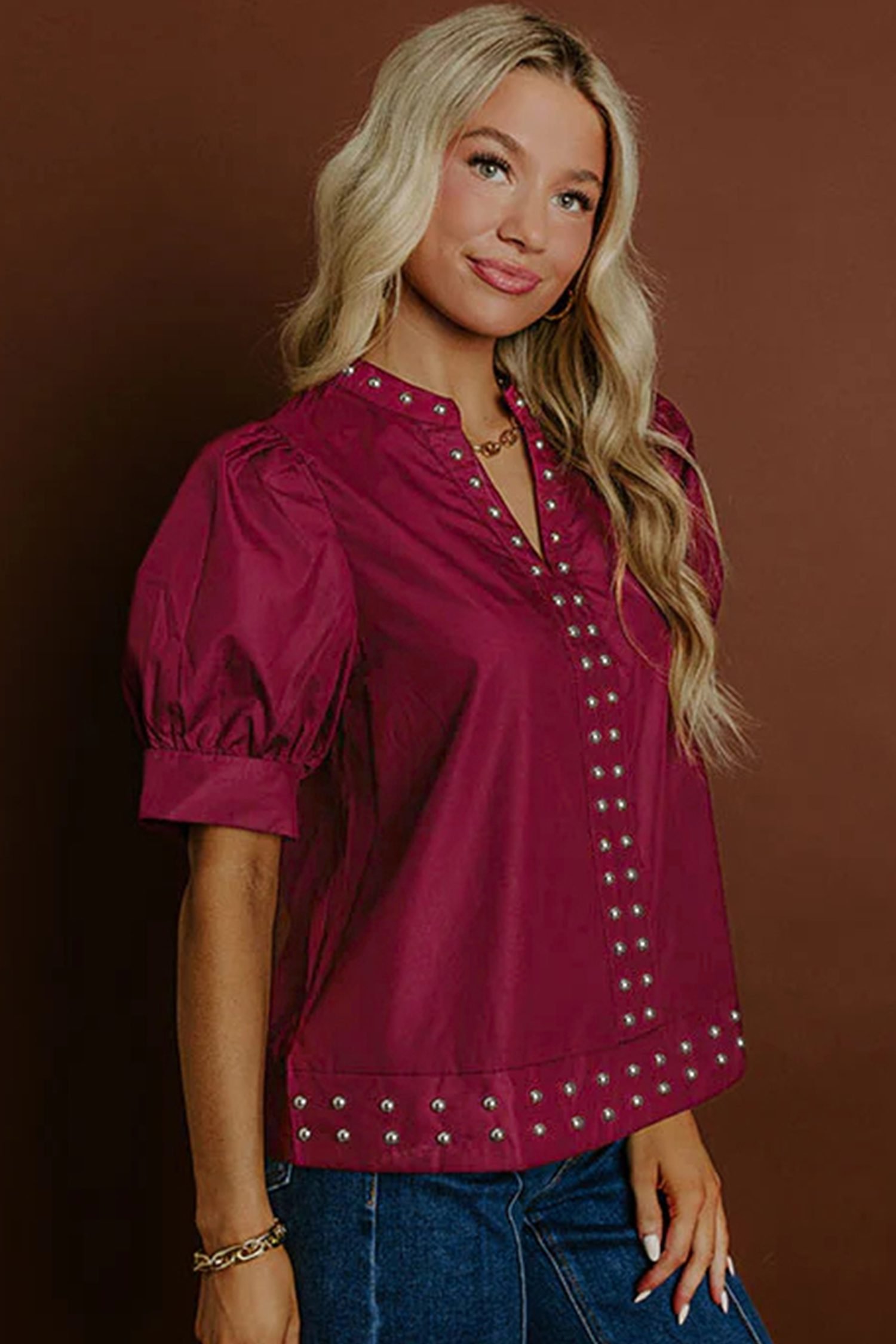 Burgundy Rivet Embellished V Neck Short Puff Sleeve Blouse