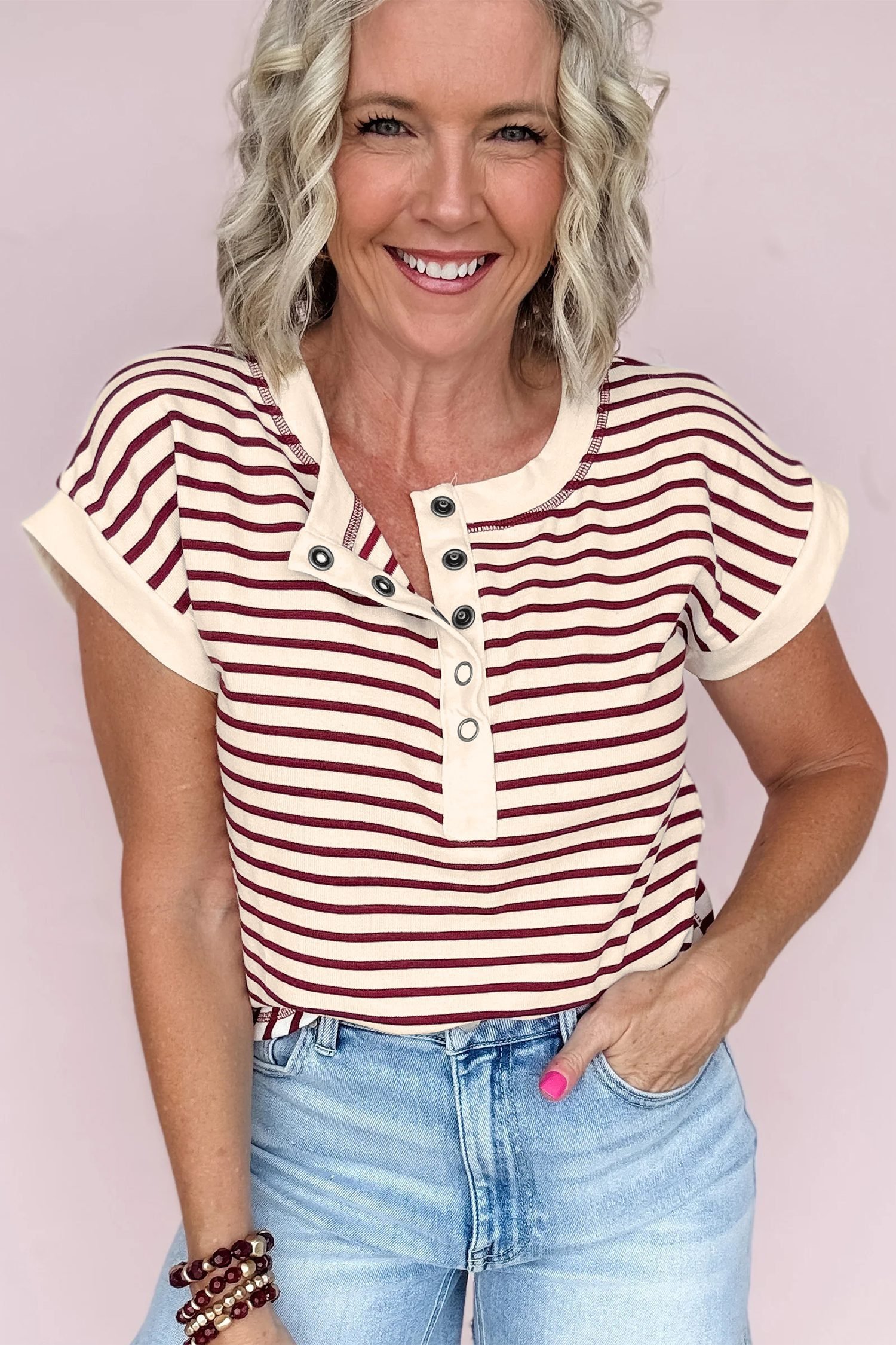 Red Stripe Half Buttons Round Neck T Shirt - Image 9