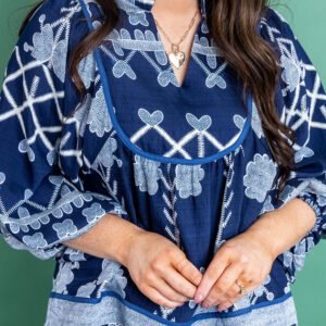 Blue Plus Size Floral Printed Notched Neck Long Sleeve Blouse