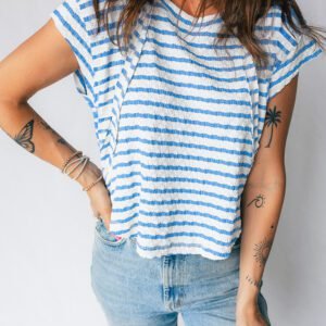 Blue Stripe Textured Short Sleeve Patchwork T Shirt