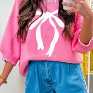 Sachet Pink Big Ribbon Bow Print Contrast Stitch Trim Drop Shoulder Sweater