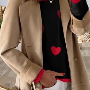 Black white Heart Print Contrast Trim Drop Shoulder Sweater