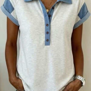 Light Grey Denim Color Block Patchwork Shirt Collar Short Sleeve Blouse