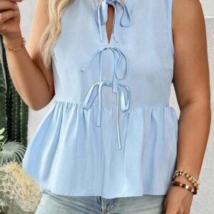 Beau Blue Plus Size Solid Color Bow Tie Peplum Tank Top