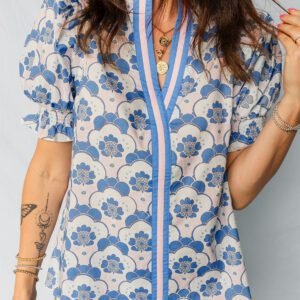 Sky Blue Floral Print Flounced Short Sleeve Contrast Trim V Neck Blouse