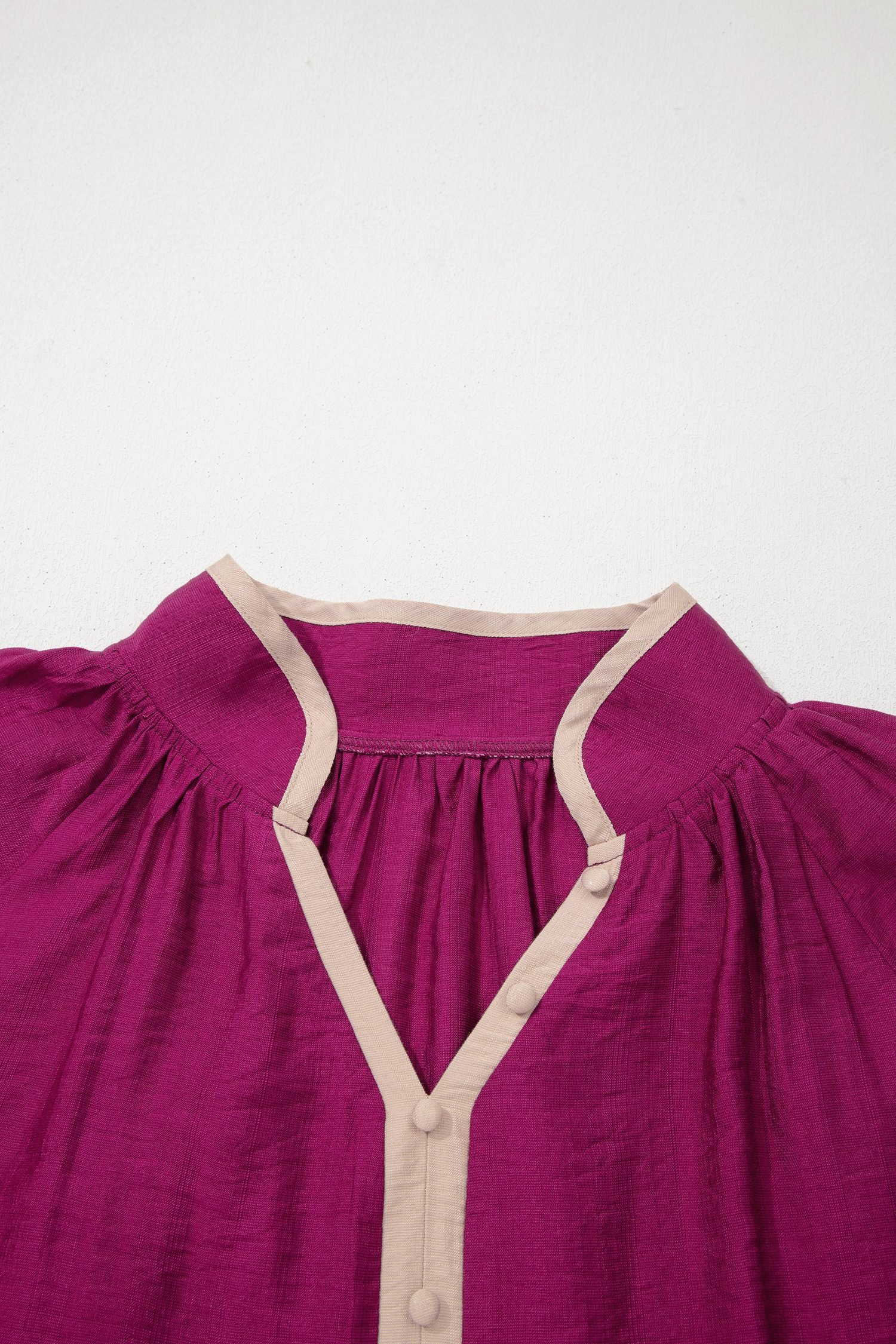 Wild Ginger Plus Size Contrast Trim Button V Neck Puffy Bracelet Sleeve Blouse - Image 8