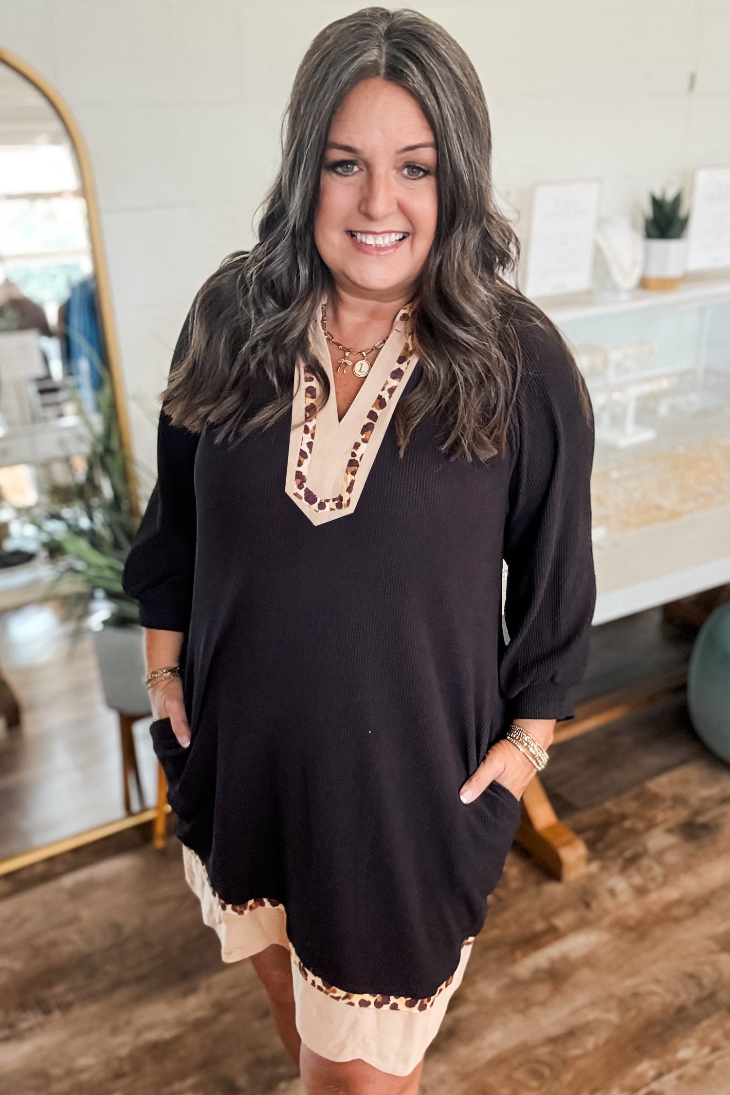 Black Contrast Color Block Leopard Trim Plus Size Ribbed Dress - Image 3