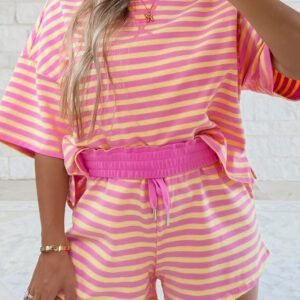 Rose Stripe Drop Shoulder Boxy Casual Terry Short Set