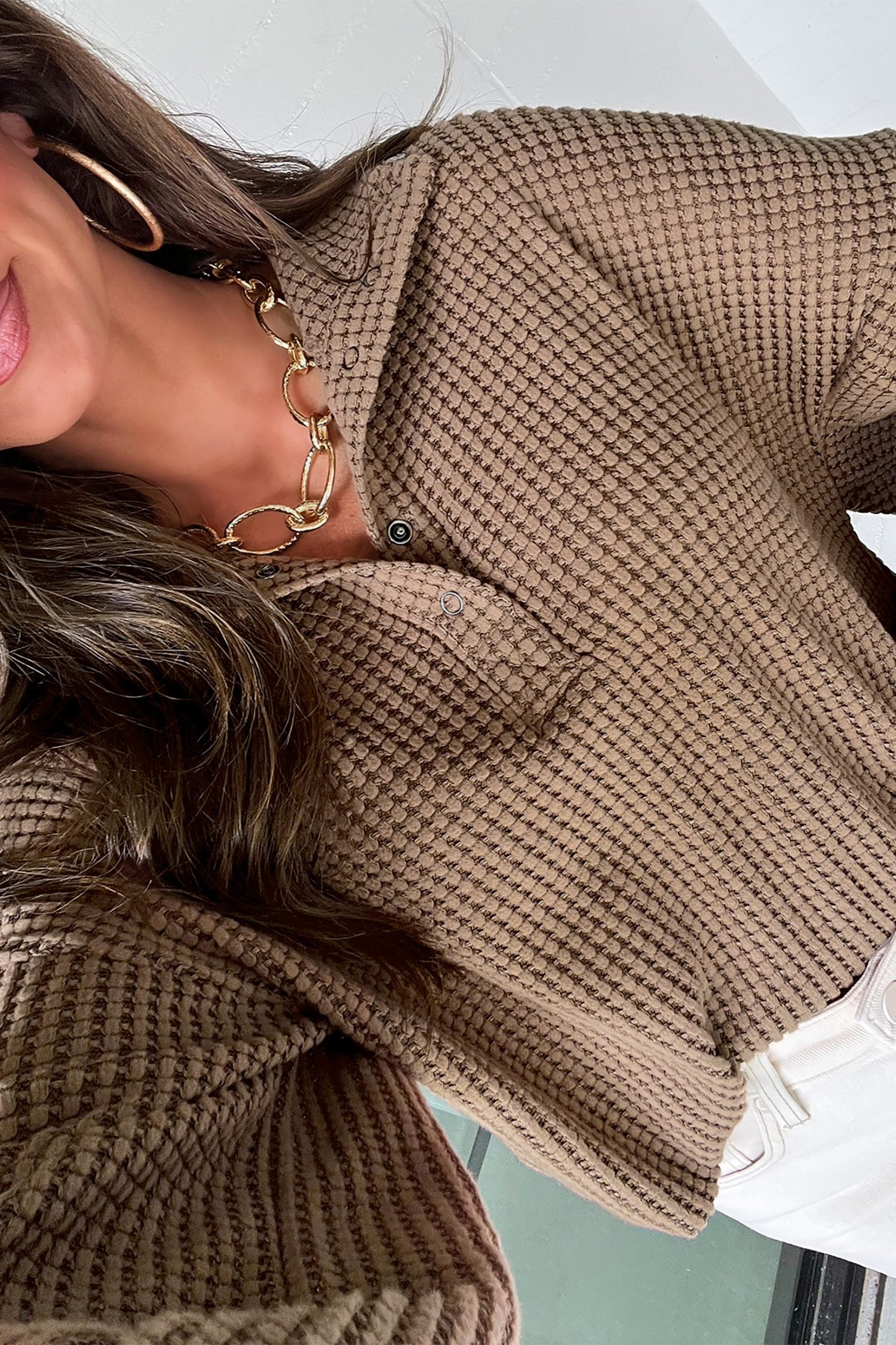 Casual Solid Color Textured Snap Button Collared Baggy Top - Image 2